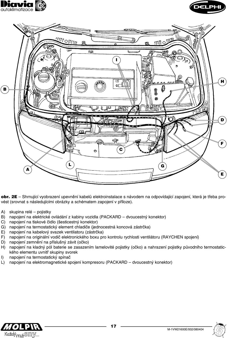 A) skupina relé pojistky B) napojení na elektrické ovládání z kabiny vozidla (PACKARD dvoucestný konektor) C) napojení na tlakové čidlo (šesticestný konektor) G) napojení na termostatický element