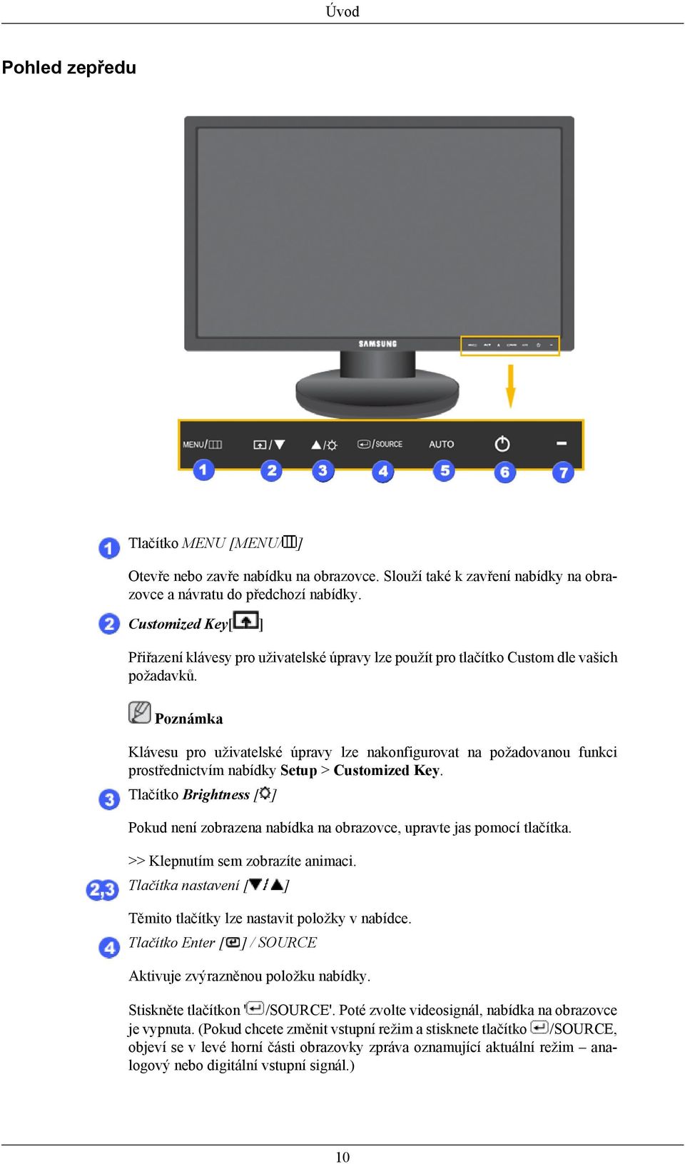 Poznámka Klávesu pro uživatelské úpravy lze nakonfigurovat na požadovanou funkci prostřednictvím nabídky Setup > Customized Key.