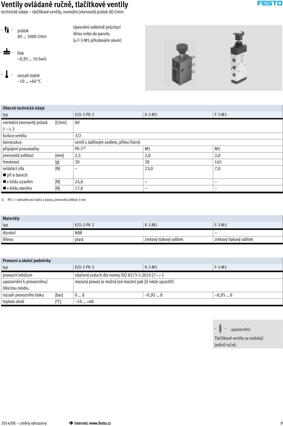 talířovým sedlem, přímo řízený připojení pneumatiky PK-3 1) M5 M5 jmenovitá světlost [mm] 2,5 2,0 2,0 hmotnost [g] 20 28 165 ovládací síla [N] 23,0 7,0 při 6 barech v klidu uzavřen [N] 24,0 v klidu