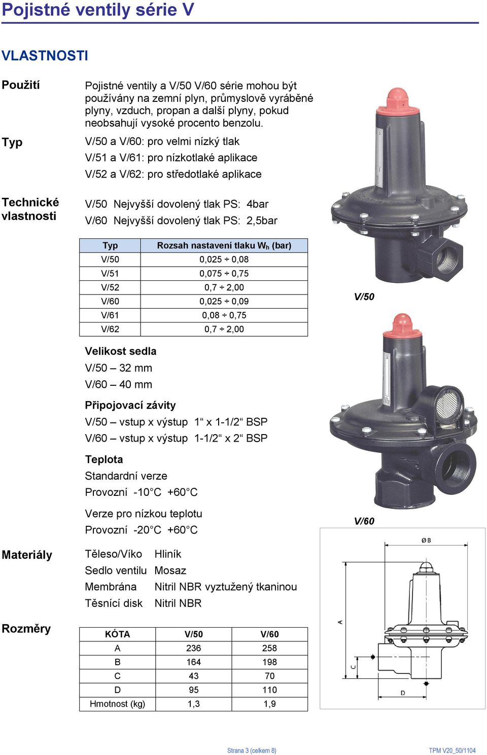 V/50 a V/60: pro velmi nízký tlak V/51 a V/61: pro nízkotlaké aplikace V/52 a V/62: pro středotlaké aplikace V/50 Nejvyšší dovolený tlak PS: 4bar V/60 Nejvyšší dovolený tlak PS: 2,5bar Typ Rozsah