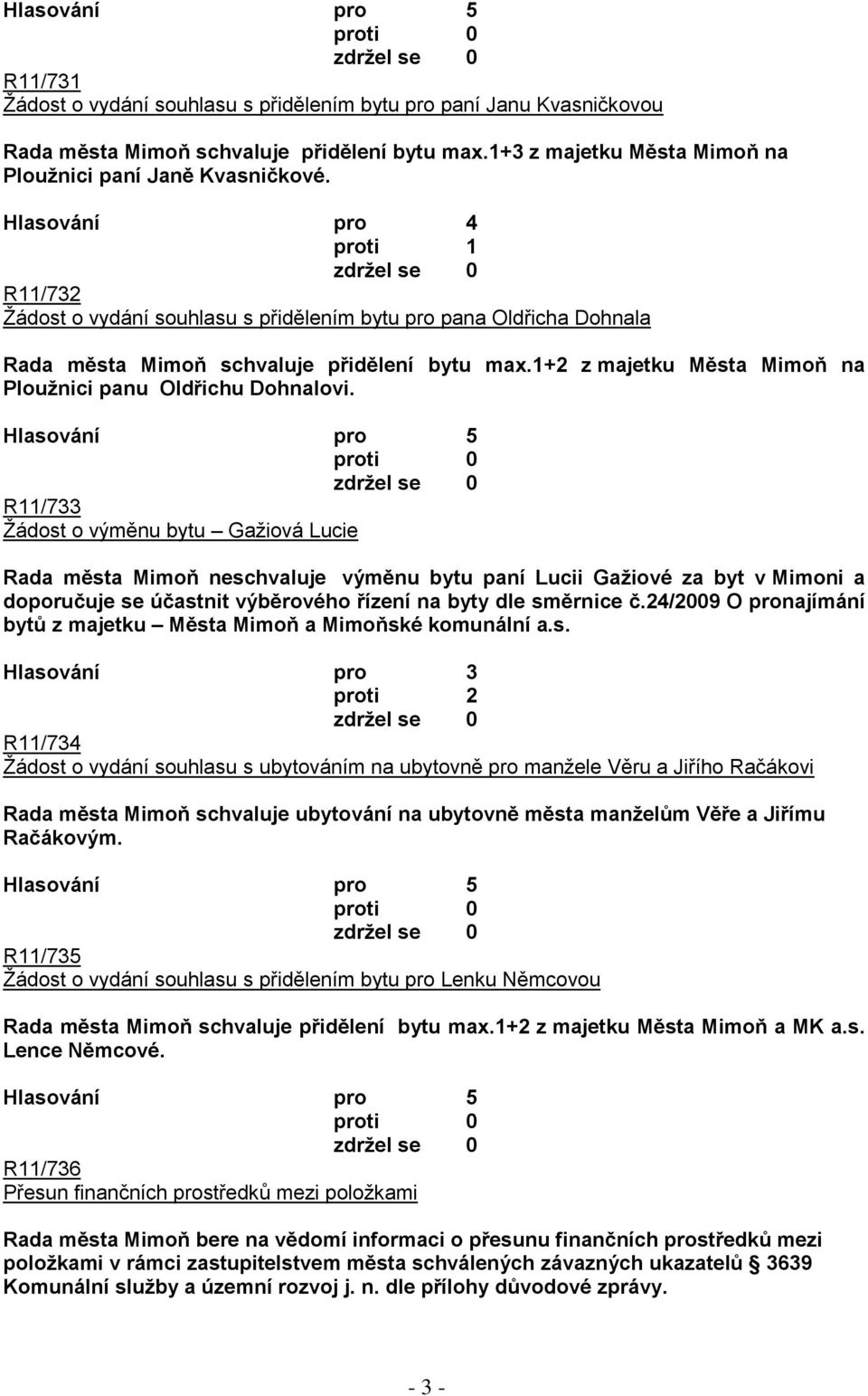 R11/733 Ţádost o výměnu bytu Gaţiová Lucie Rada města Mimoň neschvaluje výměnu bytu paní Lucii Gaţiové za byt v Mimoni a doporučuje se účastnit výběrového řízení na byty dle směrnice č.