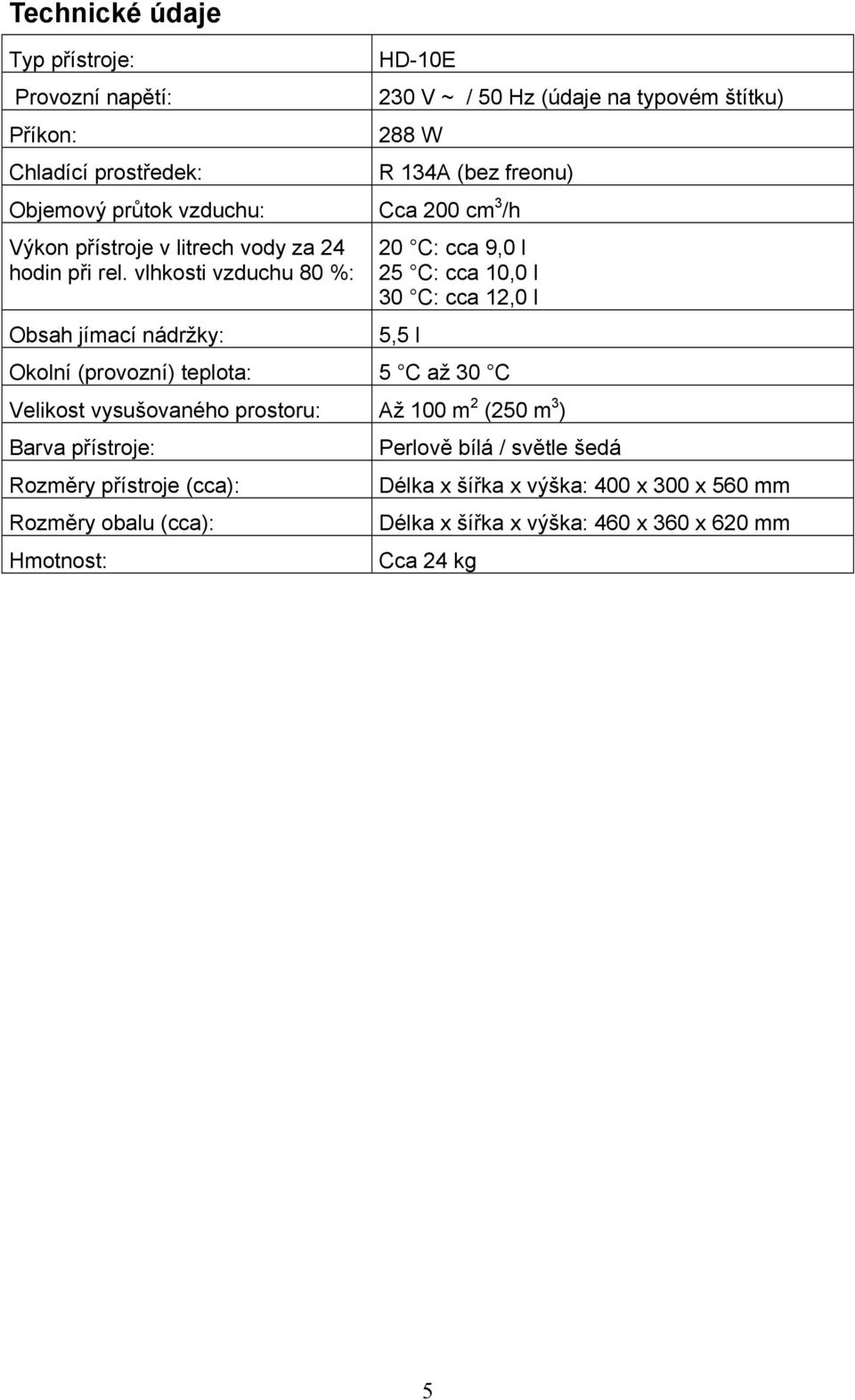 vlhkosti vzduchu 80 %: Obsah jímací nádržky: 20 C: cca 9,0 l 25 C: cca 10,0 l 30 C: cca 12,0 l 5,5 l Okolní (provozní) teplota: 5 C až 30 C Velikost