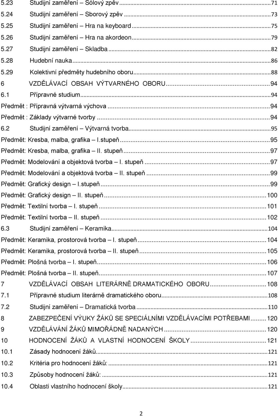 .. 94 Předmět : Přípravná výtvarná výchova... 94 Předmět : Základy výtvarné tvorby... 94 6.2 Studijní zaměření Výtvarná tvorba... 95 Předmět: Kresba, malba, grafika I.stupeň.