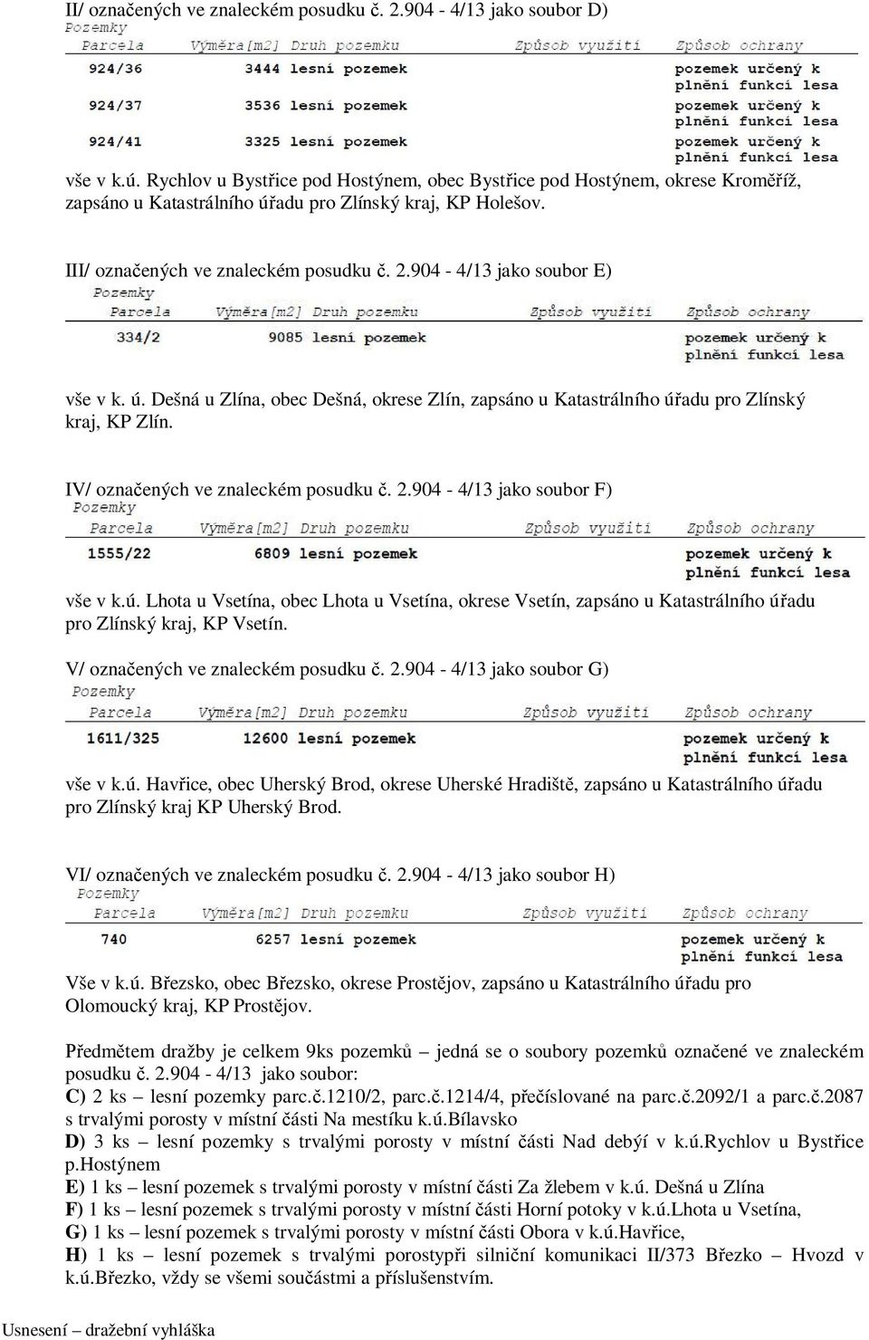 904-4/13 jako soubor E) vše v k. ú. Dešná u Zlína, obec Dešná, okrese Zlín, zapsáno u Katastrálního úřadu pro Zlínský kraj, KP Zlín. IV/ označených ve znaleckém posudku č. 2.