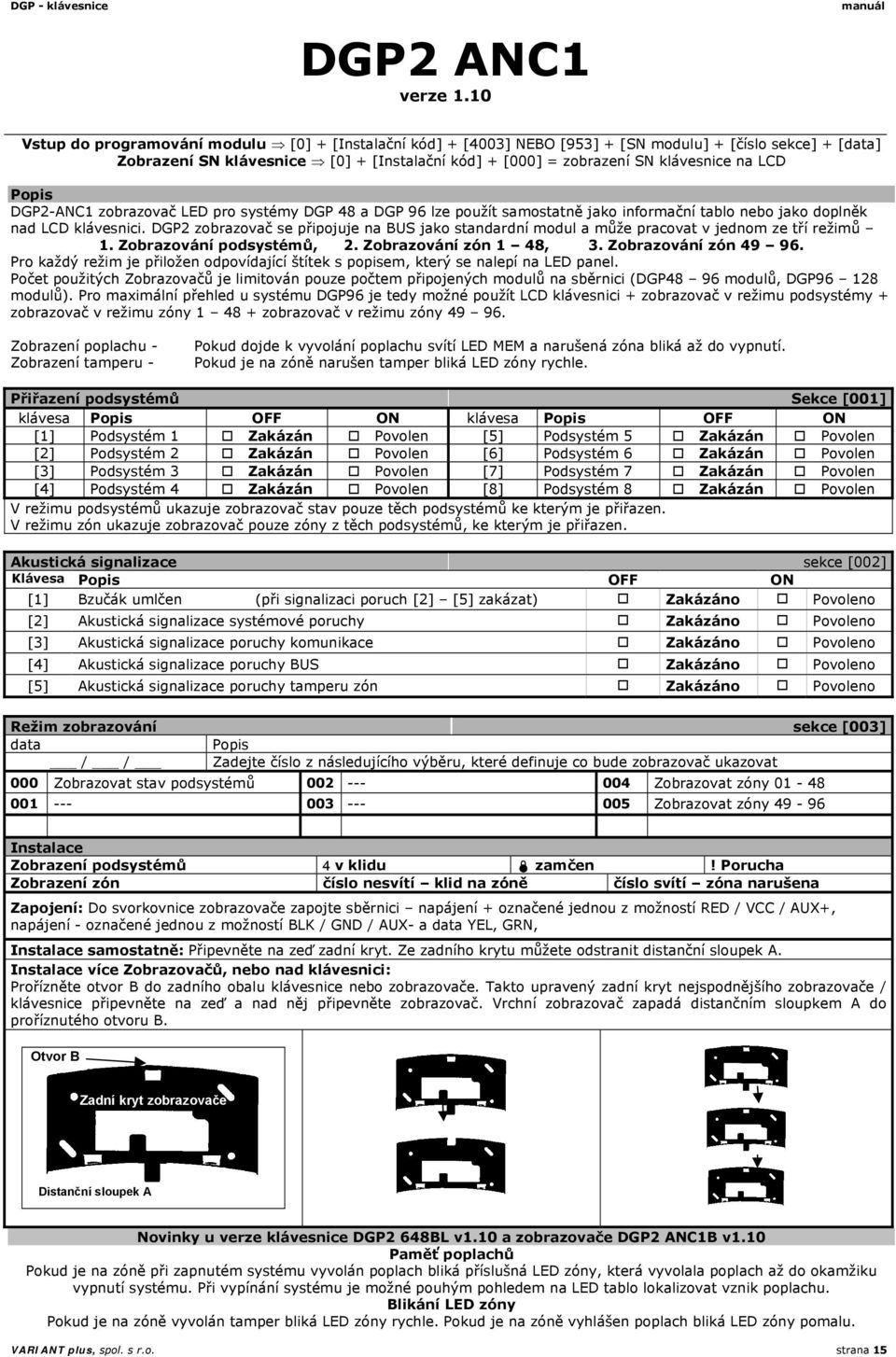 klávesnice na LCD Popis DGP2-ANC1 zobrazovač LED pro systémy DGP 48 a DGP 96 lze použít samostatně jako informační tablo nebo jako doplněk nad LCD klávesnici.