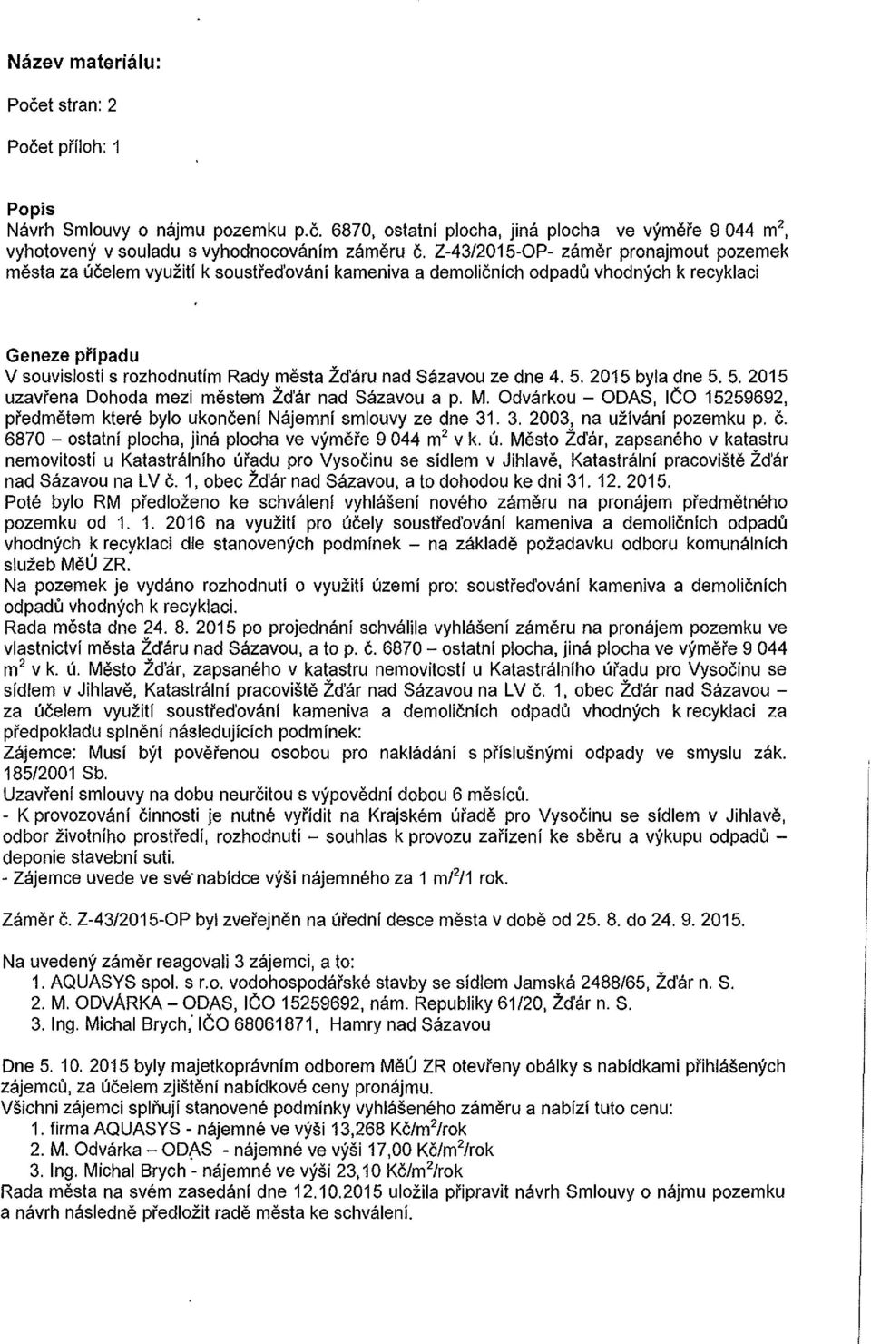 Sazavou ze dne 4. 5. 2015 byla dne 5. 5. 2015 uzavrena Dohoda mezi mestem Zd'ar nad Sazavou a p. M. Odvarkou - ODAS, ICO 15259692, predmetem ktere bylo ukonceni Najemni smlouvy ze dne 31