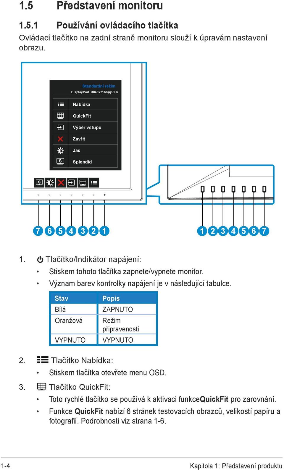 Tlačítko/Indikátor napájení: Stiskem tohoto tlačítka zapnete/vypnete monitor. Význam barev kontrolky napájení je v následující tabulce.