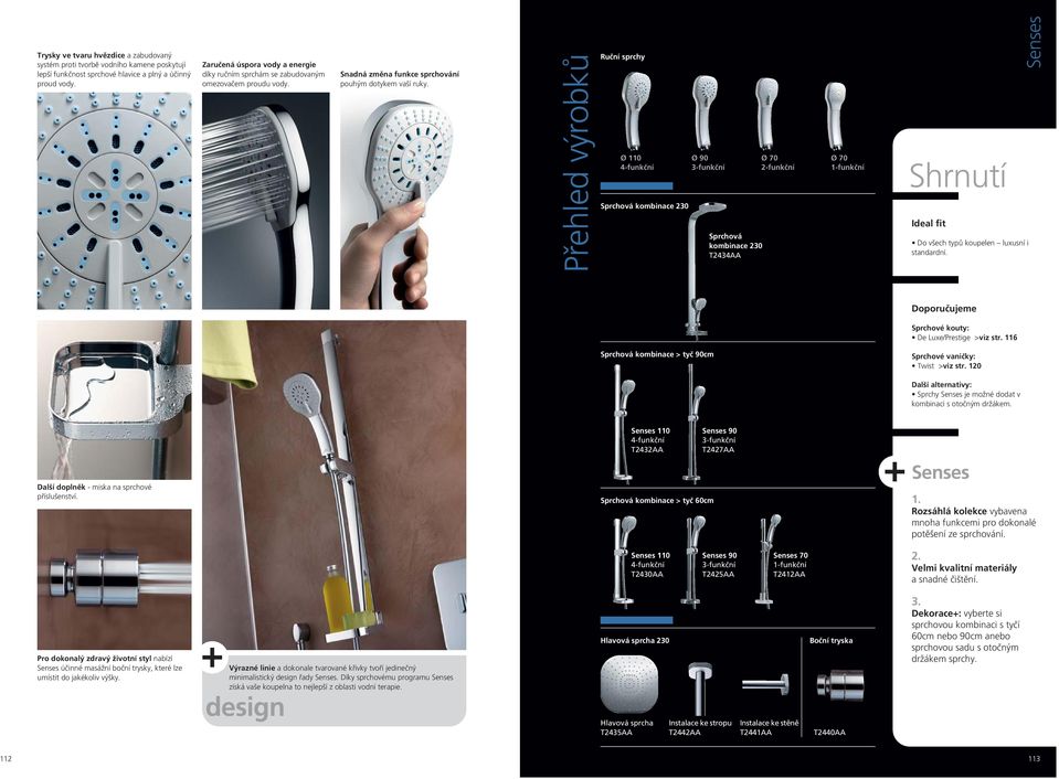 Přehled výrobků Ruční sprchy Ø 110 4-funkční Sprchová kombinace 230 Ø90 3-funkční Sprchová kombinace 230 T2434AA Ø 70 2-funkční Ø70 1-funkční Do všech typů koupelen luxusní i standardní.
