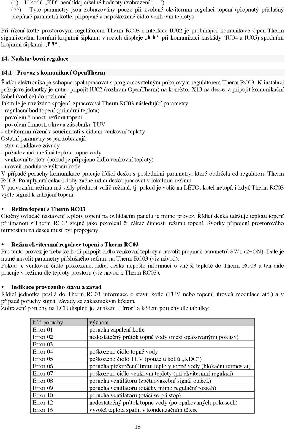 Při řízení kotle prostorovým regulátorem Therm RC03 s interface IU02 je probíhající komunikace Open-Therm signalizována horními krajními šipkami v rozích displeje, při komunikaci kaskády (IU04 a