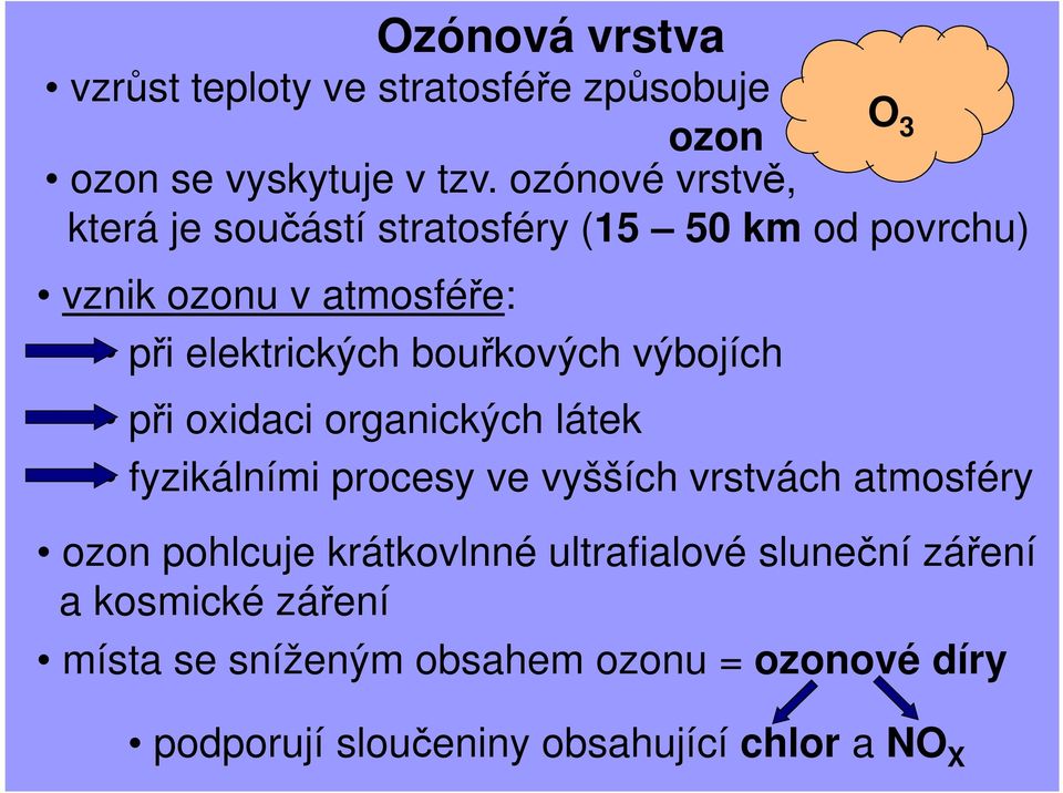 bouřkových výbojích O 3 při oxidaci organických látek fyzikálními procesy ve vyšších vrstvách atmosféry ozon