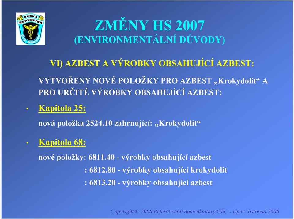 2524.10 zahrnující: Krokydolit Kapitola 68: nové položky: 6811.