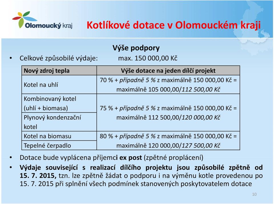 + biomasa) 75 % + případně 5 % z maximálně 150 000,00 Kč = Plynový kondenzační maximálně 112 500,00/120 000,00 Kč kotel Kotel na biomasu Tepelné čerpadlo 80 % + případně 5 % z maximálně