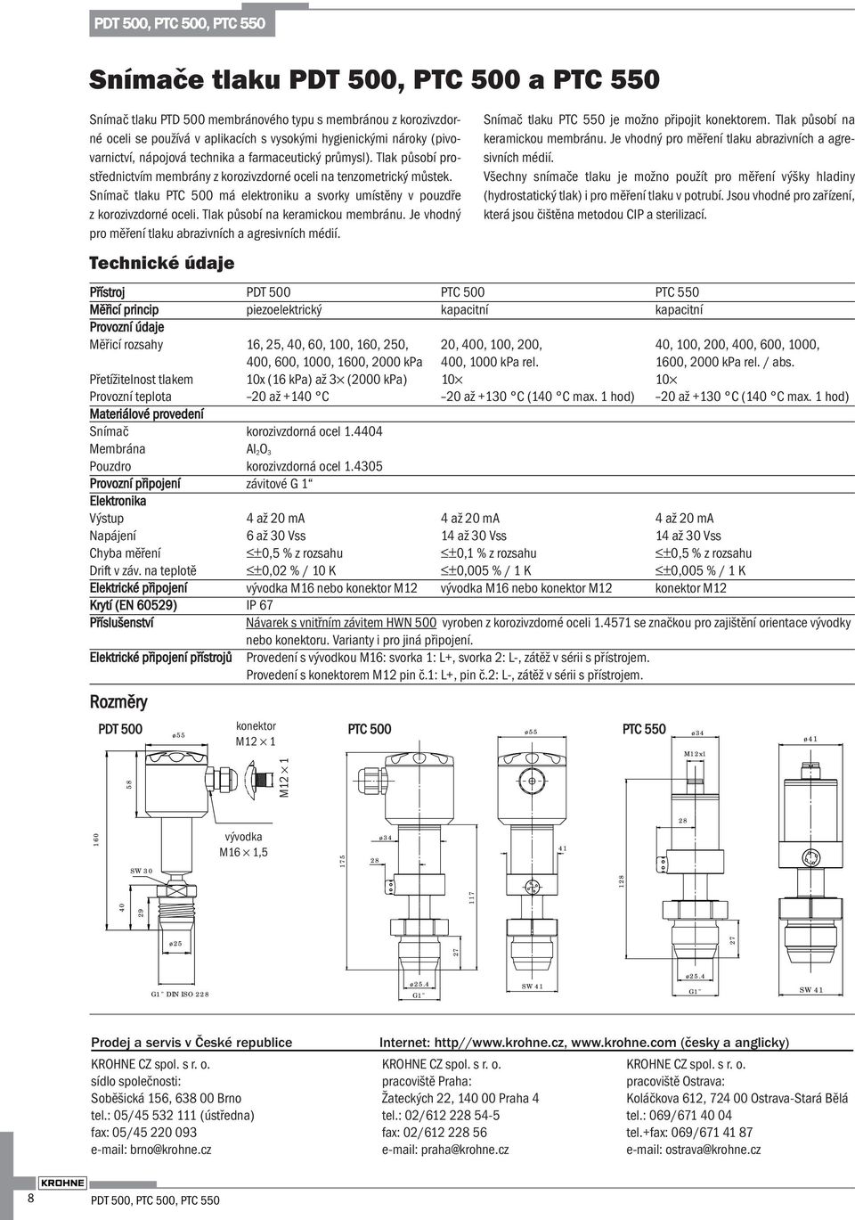 Snímač tlaku PTC 500 má elektroniku a svorky umístěny v pouzdře z korozivzdorné oceli. Tlak působí na keramickou membránu. Je vhodný pro měření tlaku abrazivních a agresivních médií.