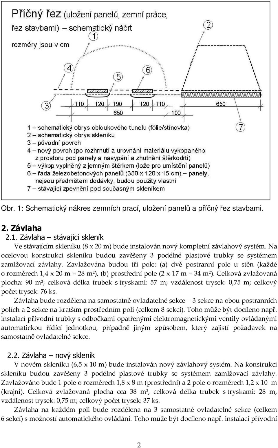 Zavlažována budou tři pole: (a) dvě postranní pole u stěn (každé o rozměrech 1,4 x 20 m = 28 m 2 ), (b) prostřední pole (2 x 17 m = 34 m 2 ).