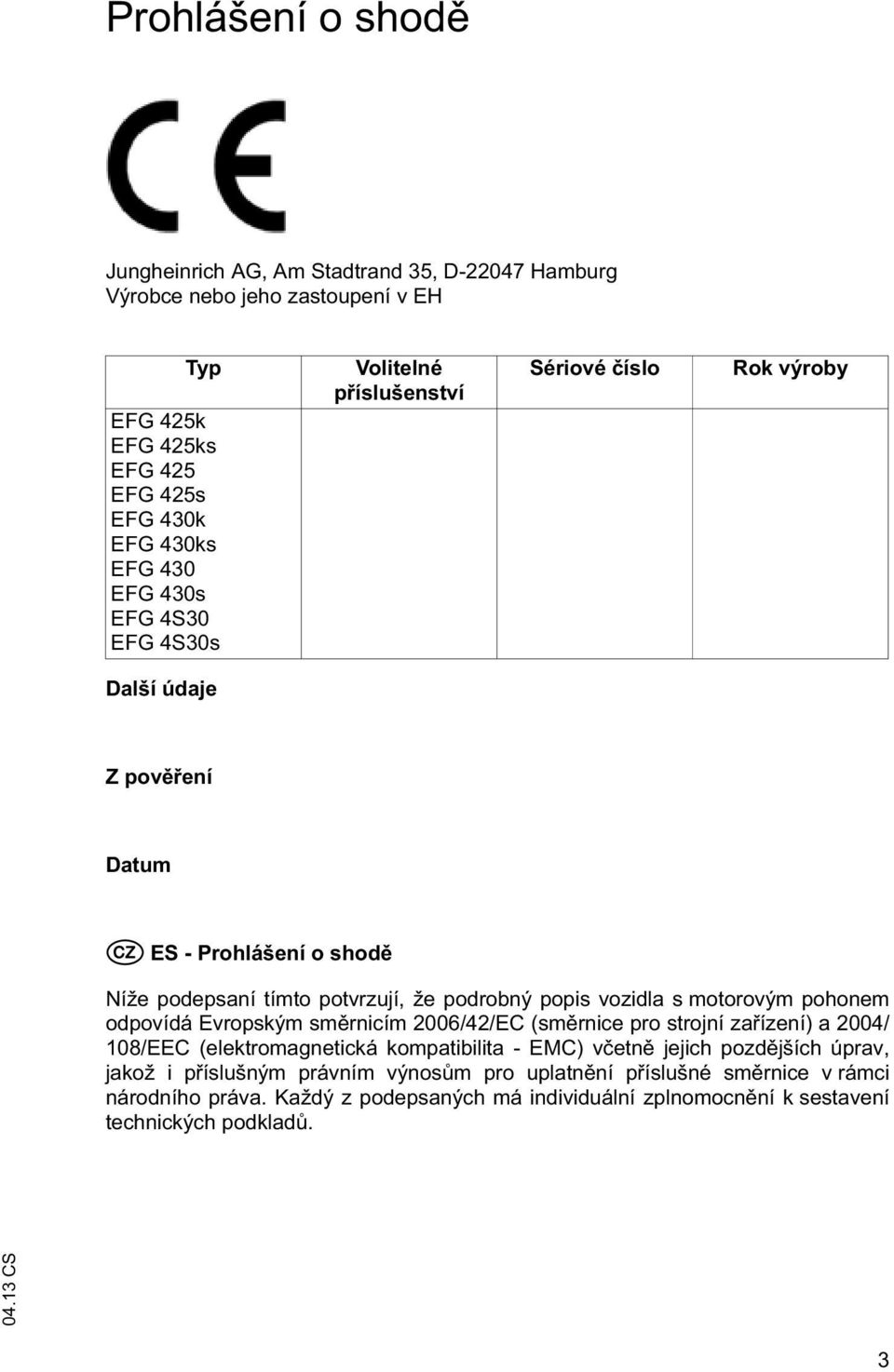 s motorovým pohonem odpovídá Evropským sm rnicím 2006/42/EC (sm rnice pro strojní za ízení) a 2004/ 108/EEC (elektromagnetická kompatibilita - EMC) v etn jejich pozd jších