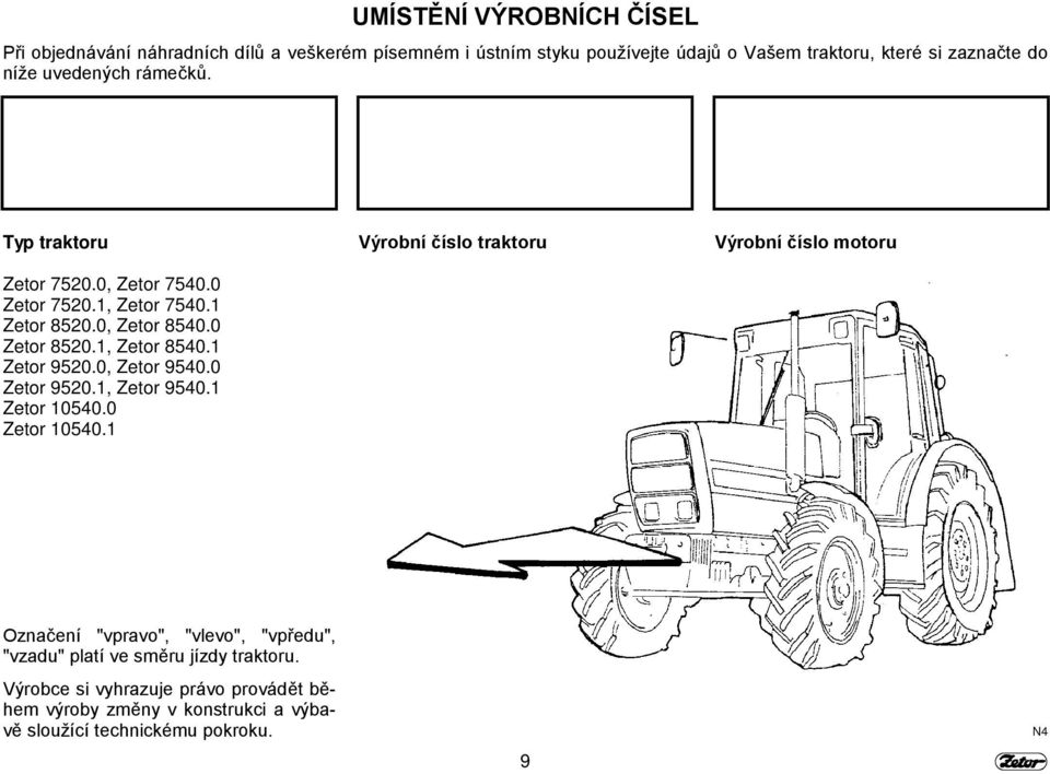 1 Zetor 9520.0, Zetor 9540.0 Zetor 9520.1, Zetor 9540.1 Zetor 10540.0 Zetor 10540.