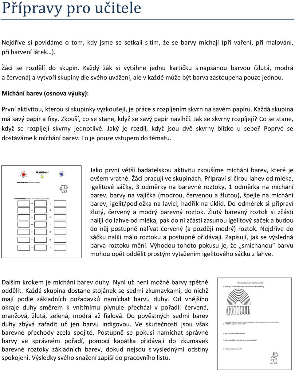 Míchání barev (osnova výuky): První aktivitou, kterou si skupinky vyzkoušejí, je práce s rozpíjením skvrn na savém papíru. Každá skupina má savý papír a fixy.