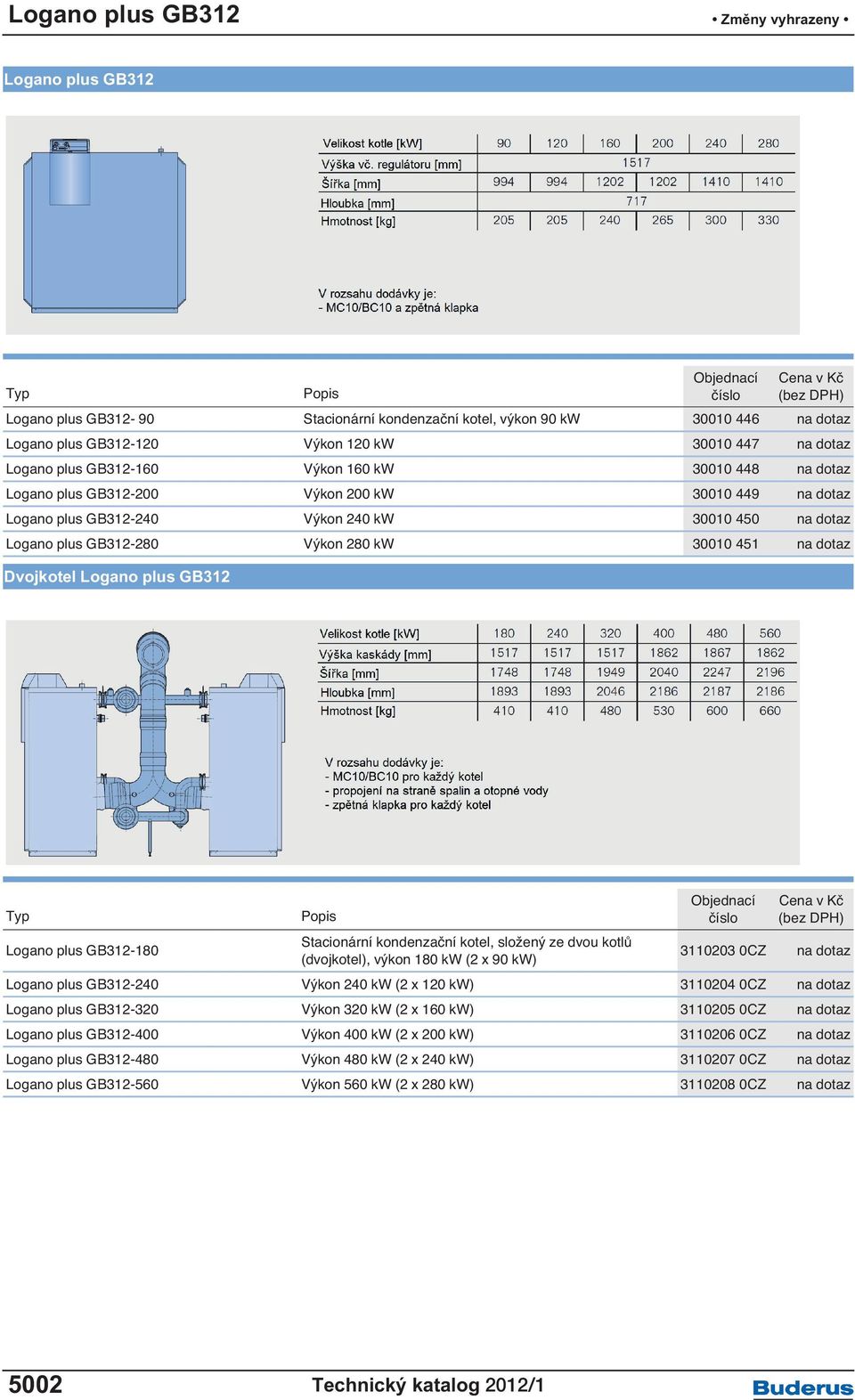 GB312-280 Výkon 280 kw 30010 451 na dotaz Dvojkotel Logano plus GB312 Typ Popis Objednací číslo Cena v Kč (bez DPH) Logano plus GB312-180 Stacionární kondenzační kotel, složený ze dvou kotlů