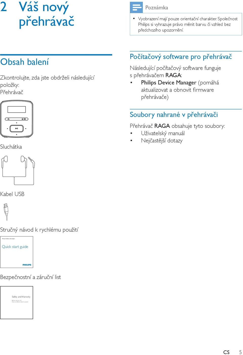 Philips Device Manager (pomáhá aktualizovat a obnovit firmware přehrávače) Soubory nahrané v přehrávači Přehrávač RAGA obsahuje tyto soubory: Uživatelský manuál Nejčastější dotazy