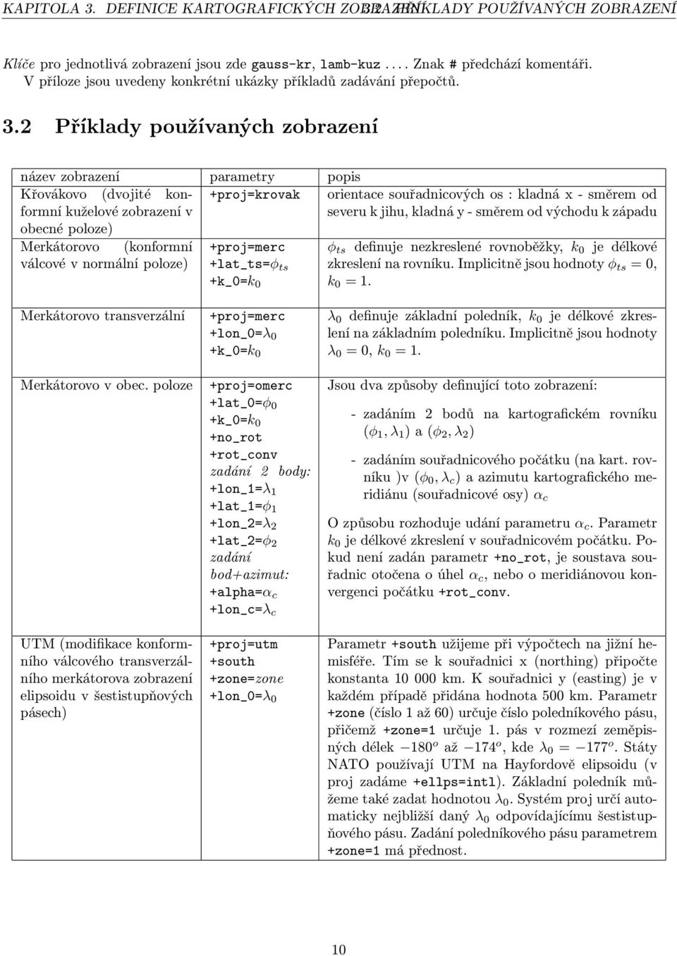 2 Příklady používaných zobrazení název zobrazení parametry popis Křovákovo (dvojité konformní kuželové zobrazení v +proj=krovak obecné poloze) Merkátorovo (konformní válcové v normální poloze)