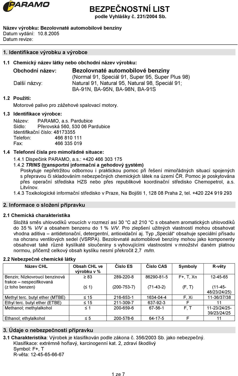 Speciál 91; BA-91N, BA-95N, BA-98N, BA-91S 1.2 Použití: Motorové palivo pro zážehové sp