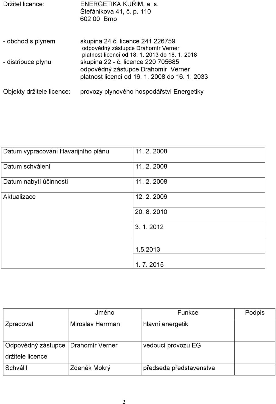 . 1. 2008 do 16. 1. 2033 Objekty držitele licence: provozy plynového hospodářství Energetiky Datum vypracování Havarijního plánu 11. 2. 2008 Datum schválení 11. 2. 2008 Datum nabytí účinnosti 11.