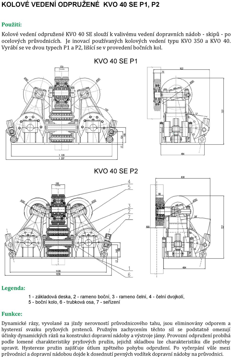 KVO 40 SE P1 KVO 40 SE P2 Legenda: 1 - základová deska, 2 - rameno boční, 3 - rameno čelní, 4 - čelní dvojkolí, 5 - boční kolo, 6 - trubková osa, 7 - seřízení Funkce: Dynamické rázy, vyvolané za