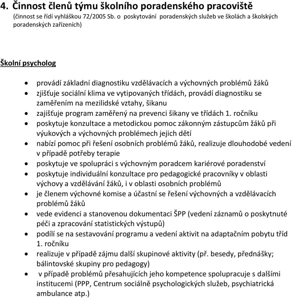 vytipovaných třídách, provádí diagnostiku se zaměřením na mezilidské vztahy, šikanu zajišťuje program zaměřený na prevenci šikany ve třídách 1.