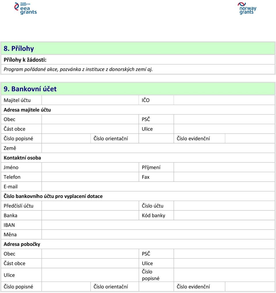 evidenční Země Kontaktní osoba Jméno Příjmení Telefon Fax E-mail Číslo bankovního účtu pro vyplacení dotace Předčíslí