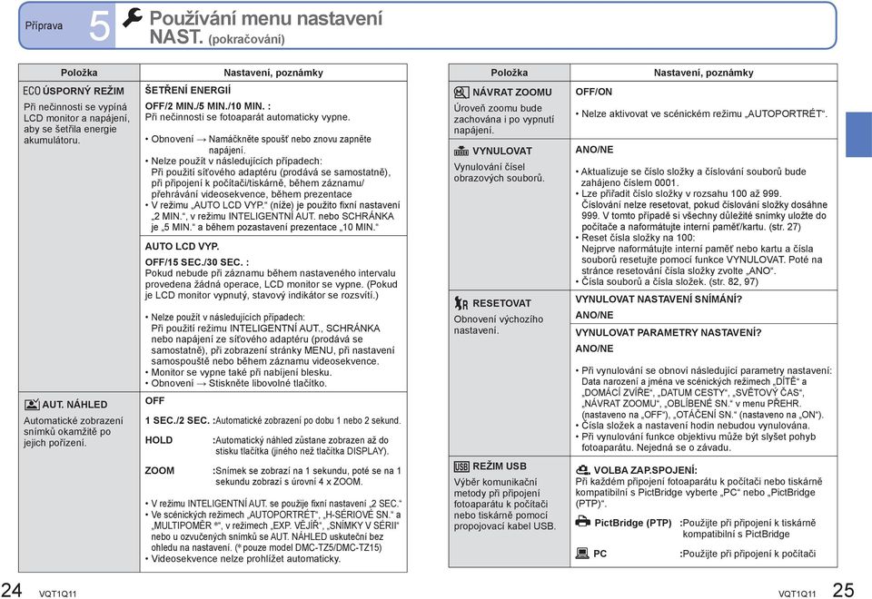 NÁHLED Automatické zobrazení snímků okamžitě po jejich pořízení. ŠETŘENÍ ENERGIÍ OFF/ MIN./5 MIN./0 MIN. : Při nečinnosti se fotoaparát automaticky vypne.