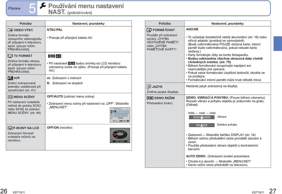 MENU SCÉNY Při nastavení ovladače režimů do polohy SCN nebo SCN se zobrazí MENU SCÉNY. (str. ) NTSC/PAL Pracuje při připojení kabelu AV.