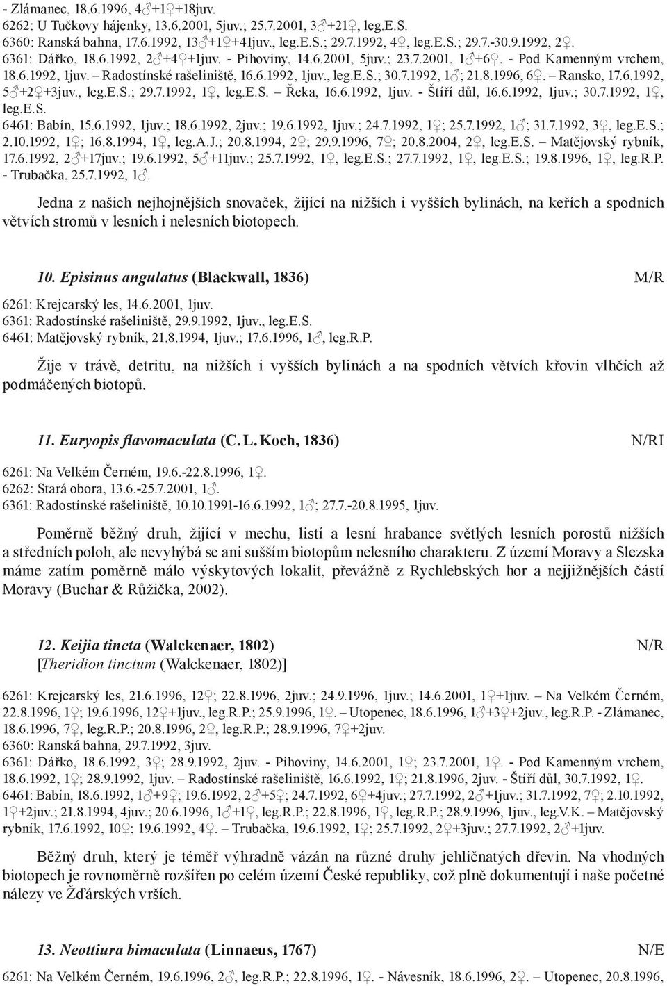 Ransko, 17.6.1992, 5 +2 +3juv., leg.e.s.; 29.7.1992, 1, leg.e.s. Řeka, 16.6.1992, 1juv. - Štíří důl, 16.6.1992, 1juv.; 30.7.1992, 1, leg.e.s. 6461: Babín, 15.6.1992, 1juv.; 18.6.1992, 2juv.; 19.6.1992, 1juv.; 24.