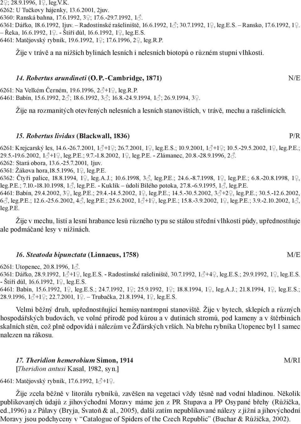 Žije v trávě a na nižších bylinách lesních i nelesních biotopů o různém stupni vlhkosti. 14. Robertus arundineti (O. P. -Cambridge, 1871) N/E 6261: Na Velkém Černém, 19.6.1996, 2 +1, leg.r.p. 6461: Babín, 15.