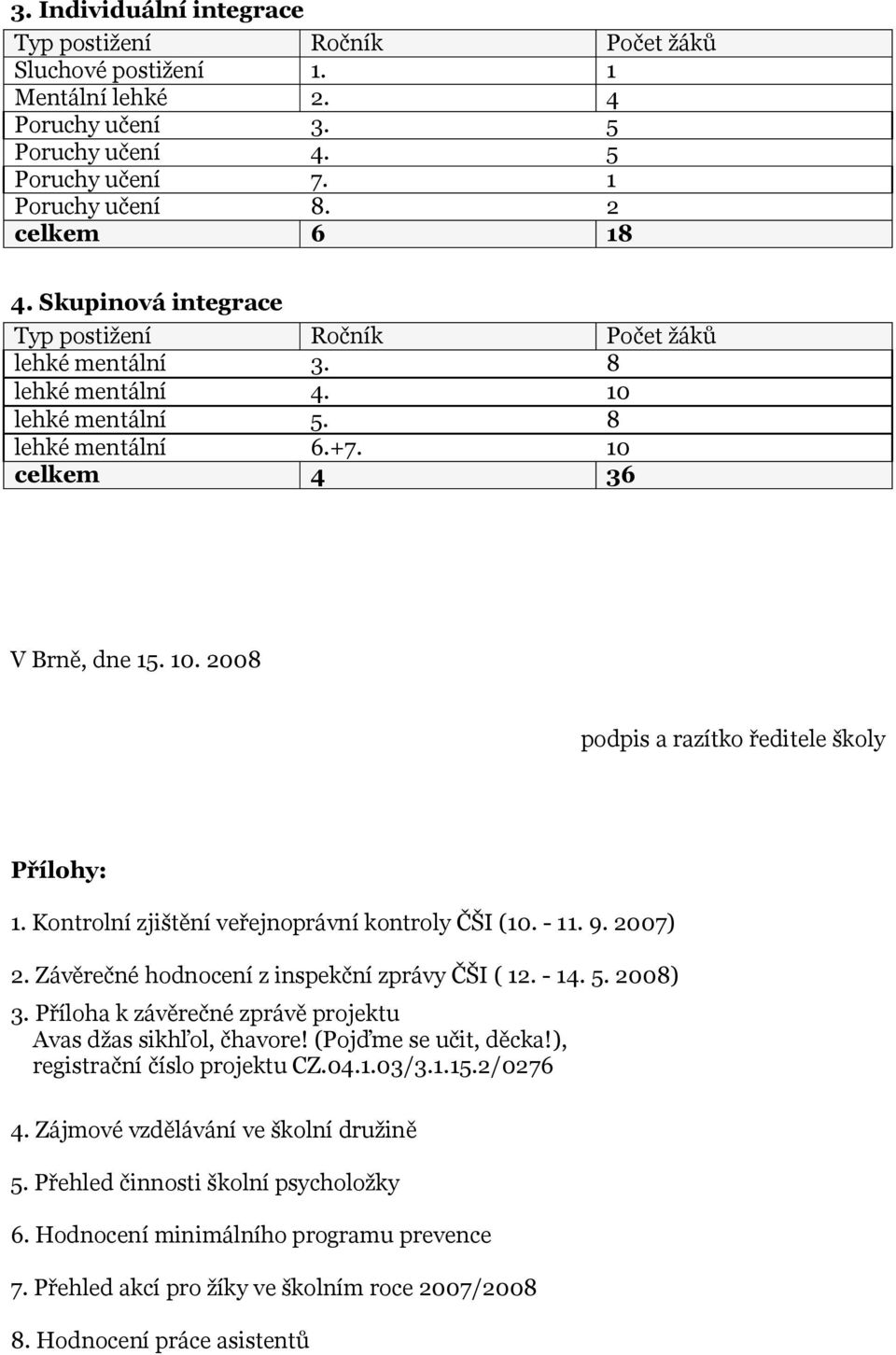 Kontrolní zjištění veřejnoprávní kontroly ČŠI (10. - 11. 9. 2007) 2. Závěrečné hodnocení z inspekční zprávy ČŠI ( 12. - 14. 5. 2008) 3. Příloha k závěrečné zprávě projektu Avas džas sikhľol, čhavore!