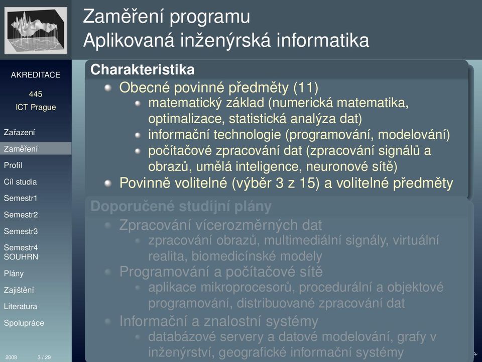 předměty Doporučené studijní plány Zpracování vícerozměrných dat zpracování obrazů, multimediální signály, virtuální realita, biomedicínské modely Programování a počítačové sítě aplikace