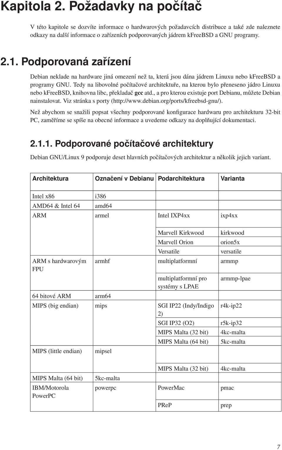 programy. 2.1. Podporovaná zařízení Debian neklade na hardware jiná omezení než ta, která jsou dána jádrem Linuxu nebo kfreebsd a programy GNU.