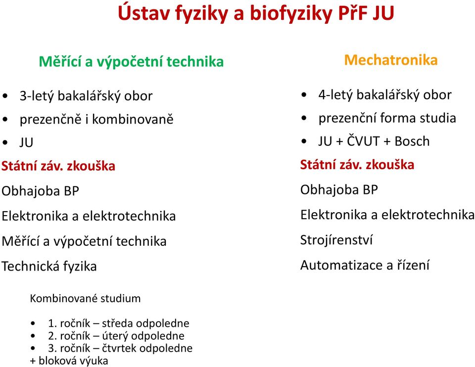 obor prezenční forma studia JU + ČVUT + Bosch Státní záv.