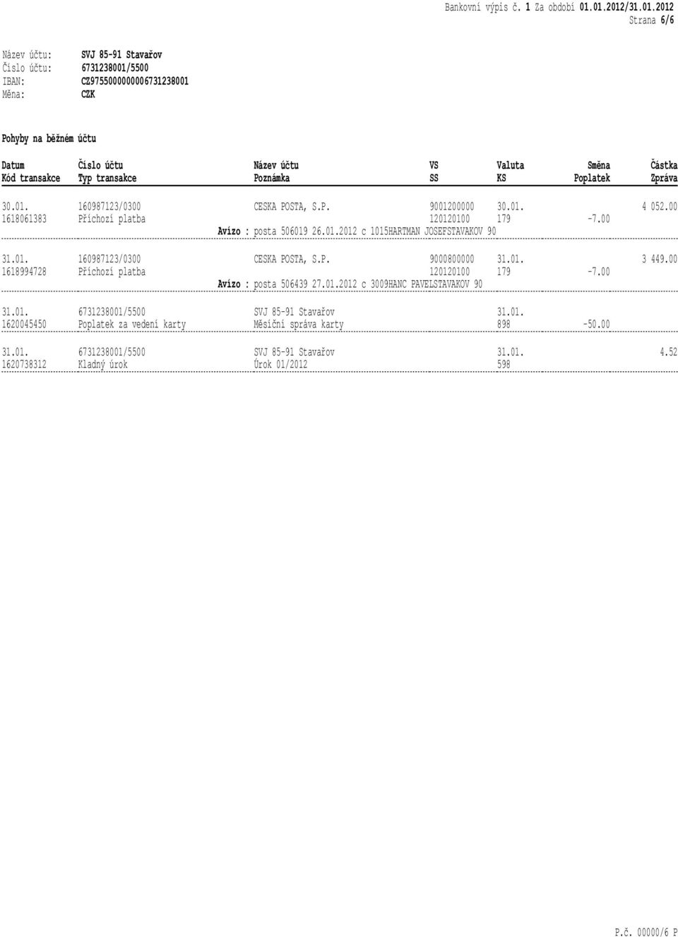 00 1620045450 6731238001/5500 za vedení karty SVJ 85-91 Stavařov Měsíční správa karty 898-50.