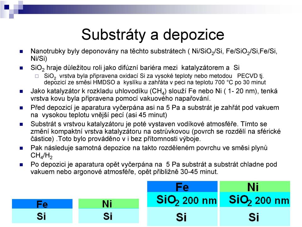 depozicí ze směsi HMDSO a kyslíku a zahřáta v peci na teplotu 700 C po 30 minut Jako katalyzátor k rozkladu uhlovodíku (CH 4 ) slouží Fe nebo Ni ( 1-20 nm), tenká vrstva kovu byla připravena pomocí