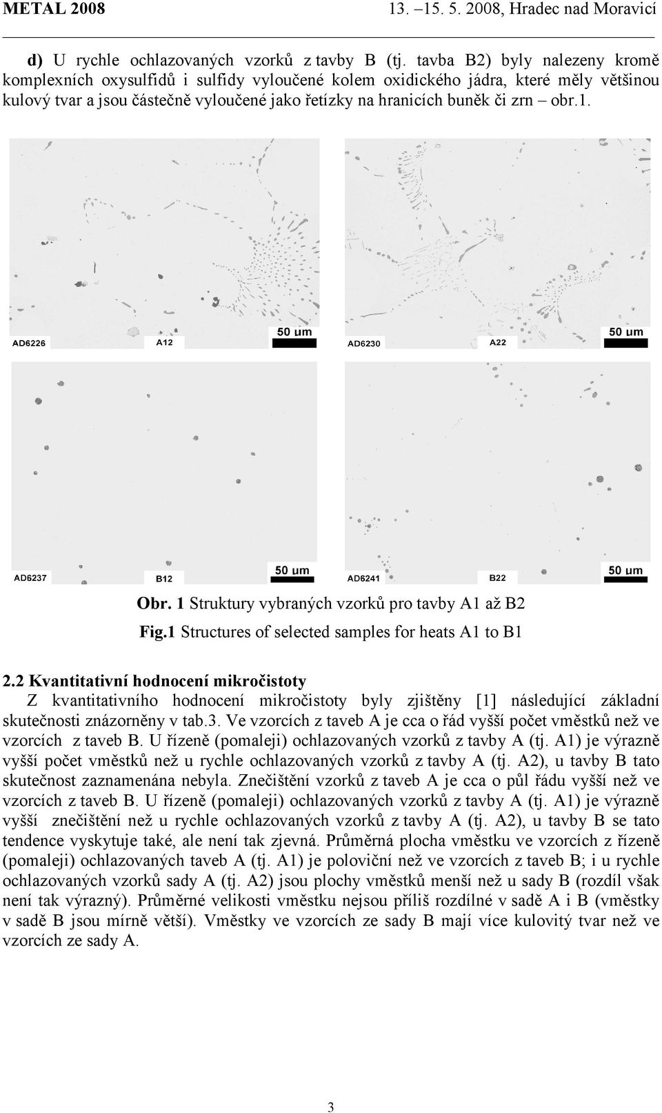 Obr. 1 Struktury vybraných vzorků pro tavby A1 až B2 Fig.1 Structures of selected samples for heats A1 to B1 2.