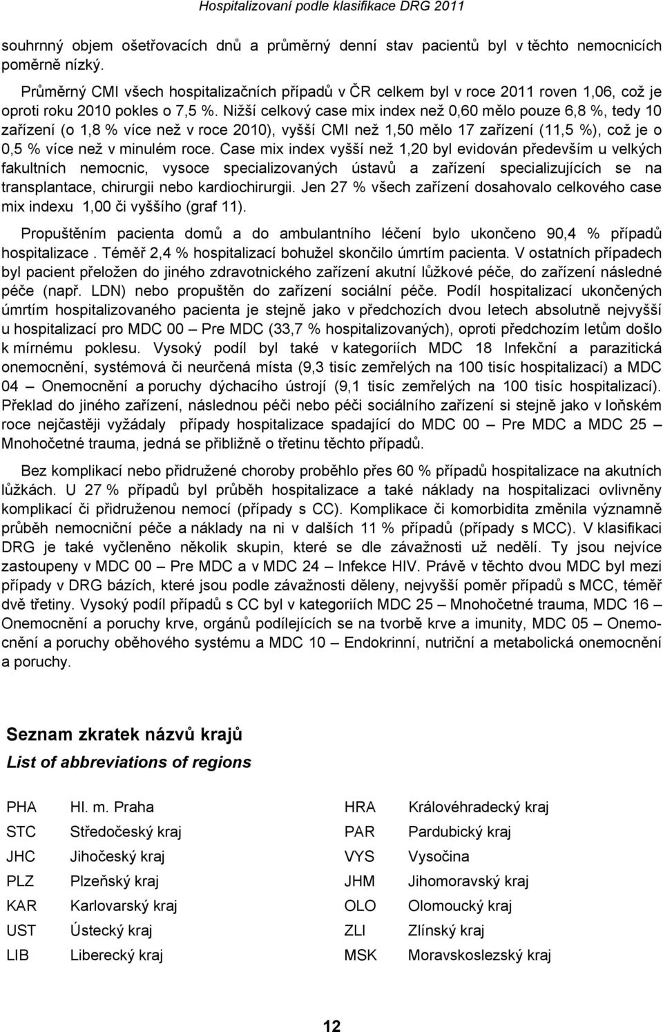 Nižší celkový case mix index než 0,60 mělo pouze 6,8 %, tedy 10 zařízení (o 1,8 % více než v roce 2010), vyšší CMI než 1,50 mělo 17 zařízení (11,5 %), což je o 0,5 % více než v minulém roce.