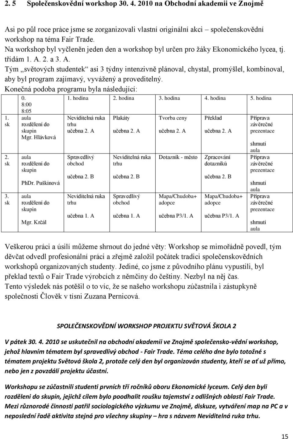 2. a 3. A. Tým světových studentek asi 3 týdny intenzivně plánoval, chystal, promýšlel, kombinoval, aby byl program zajímavý, vyváţený a proveditelný. Konečná podoba programu byla následující: 1.