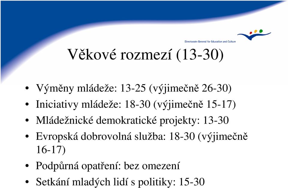 demokratické projekty: 13-30 Evropská dobrovolná služba: 18-30