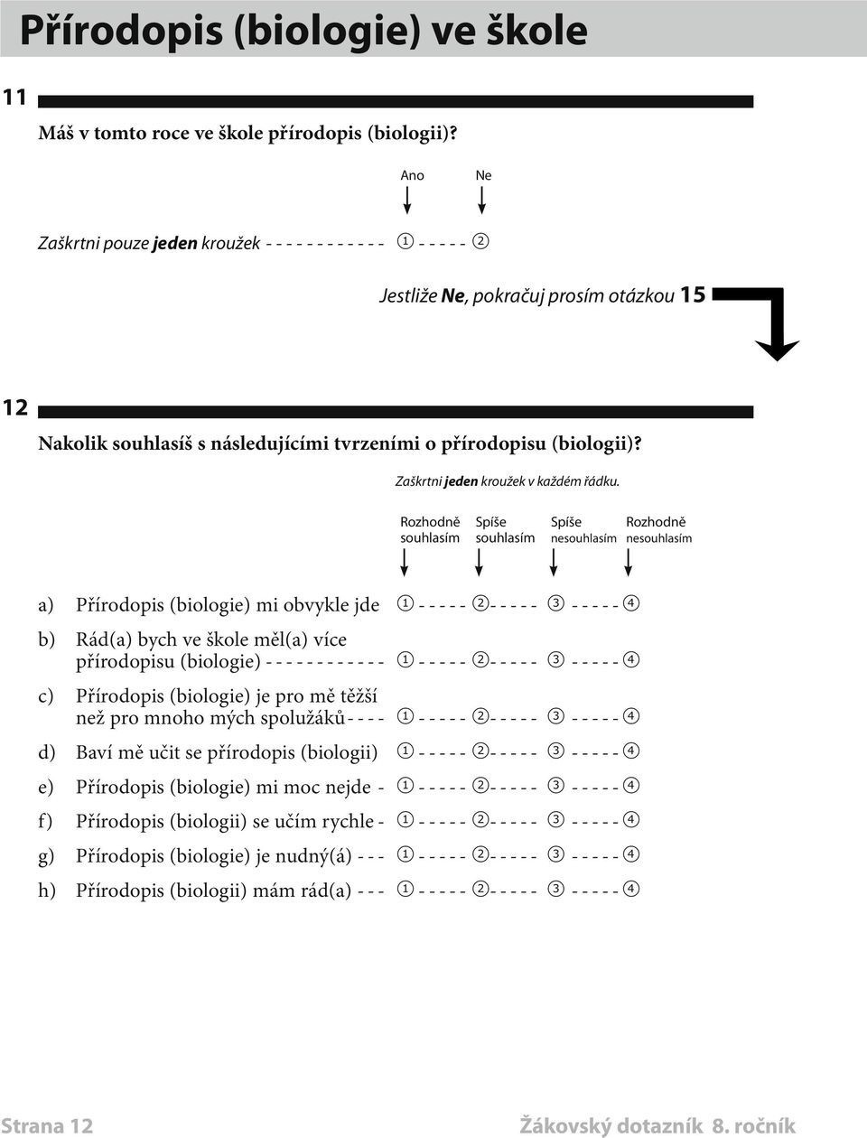 Rozhodně Spíše Spíše Rozhodně souhlasím souhlasím nesouhlasím nesouhlasím a) Přírodopis (biologie) mi obvykle jde 1 ----- 2----- 3------4 b) Rád(a) bych ve škole měl(a) více přírodopisu