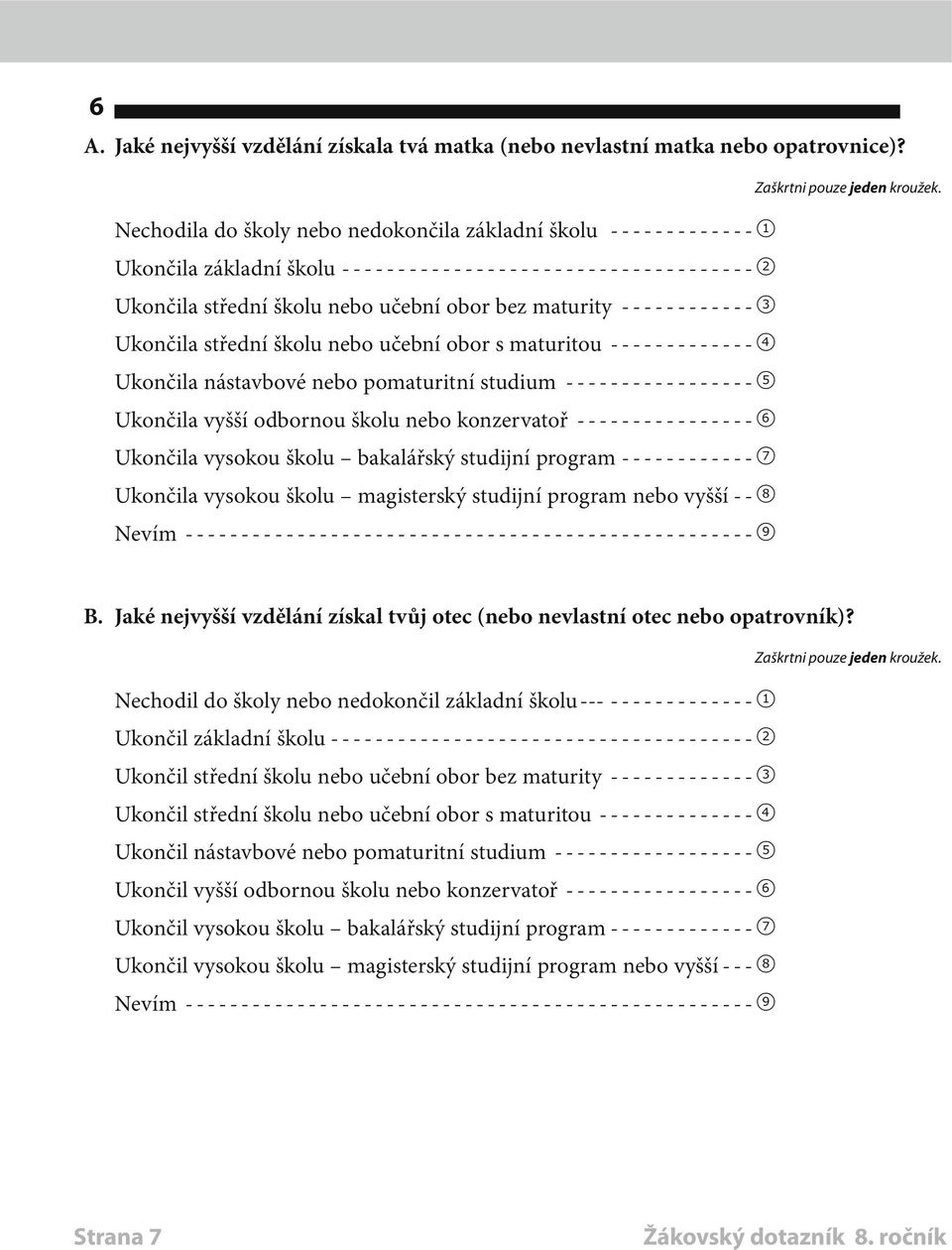 Ukončila střední školu nebo učební obor s maturitou -------------4 Ukončila nástavbové nebo pomaturitní studium------------------5 Ukončila vyšší odbornou školu nebo konzervatoř-----------------6