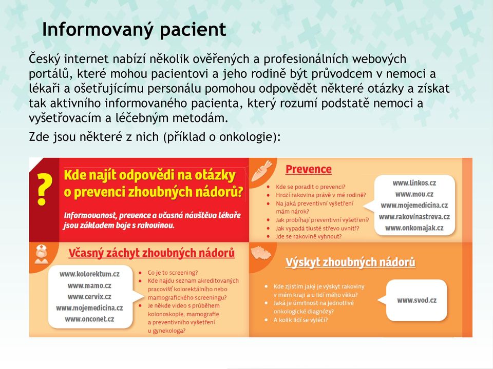 personálu pomohou odpovědět některé otázky a získat tak aktivního informovaného pacienta,