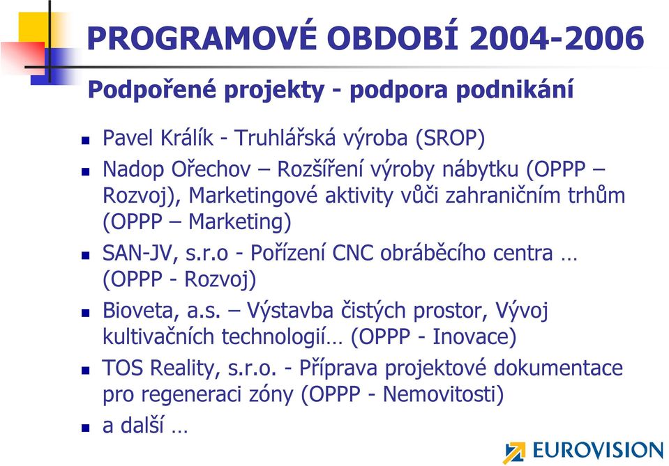 s.r.o - Pořízení CNC obráběcího centra (OPPP - Rozvoj) Bioveta, a.s. Výstavba čistých prostor, Vývoj kultivačních technologií (OPPP - Inovace) TOS Reality, s.