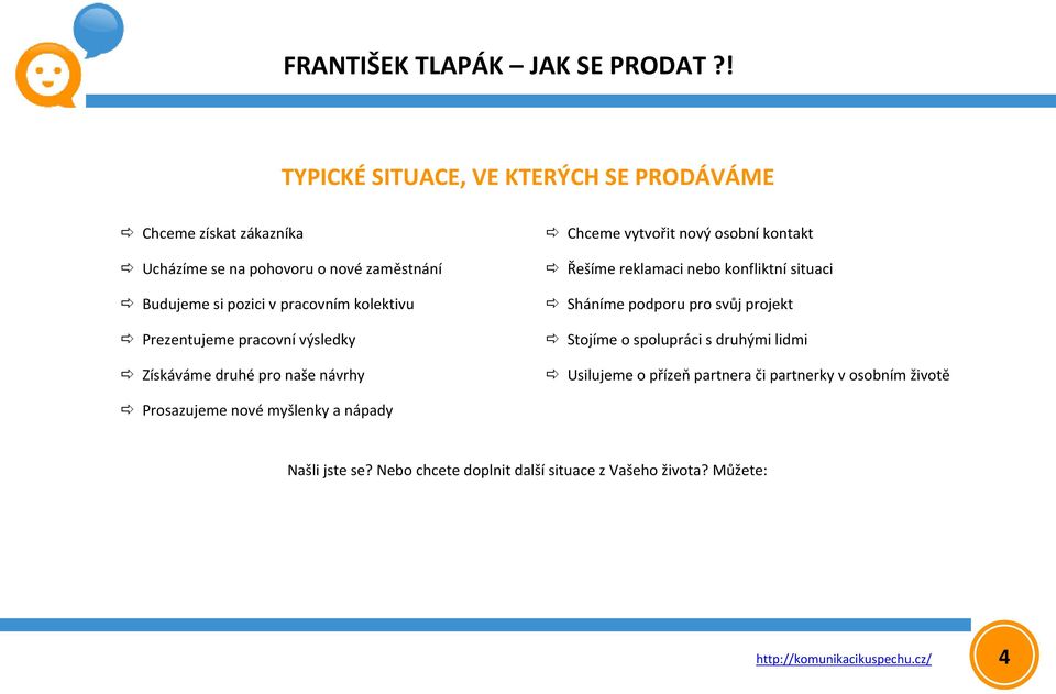 konfliktní situaci Sháníme podporu pro svůj projekt Stojíme o spolupráci s druhými lidmi Usilujeme o přízeň partnera či partnerky v