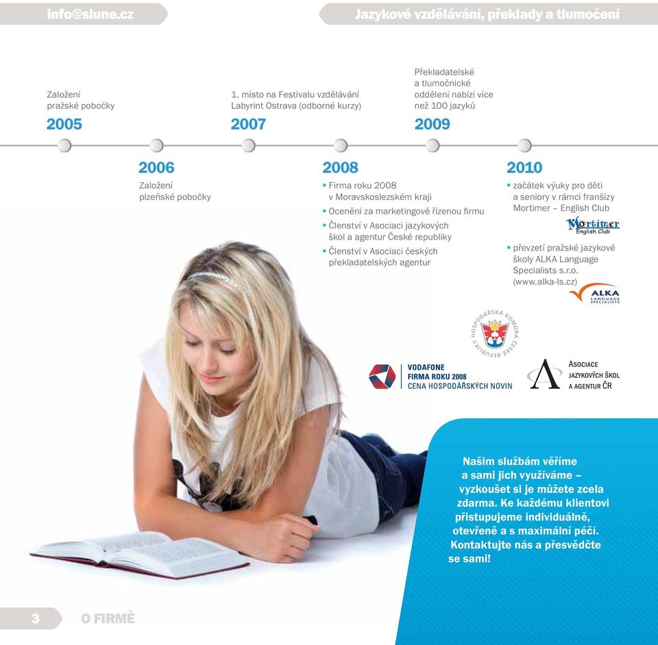 Moravskoslezském kraji Ocenění za marketingově řízenou fi rmu Členství v Asociaci jazykových škol a agentur České republiky Členství v Asociaci českých překladatelských agentur začátek výuky pro děti