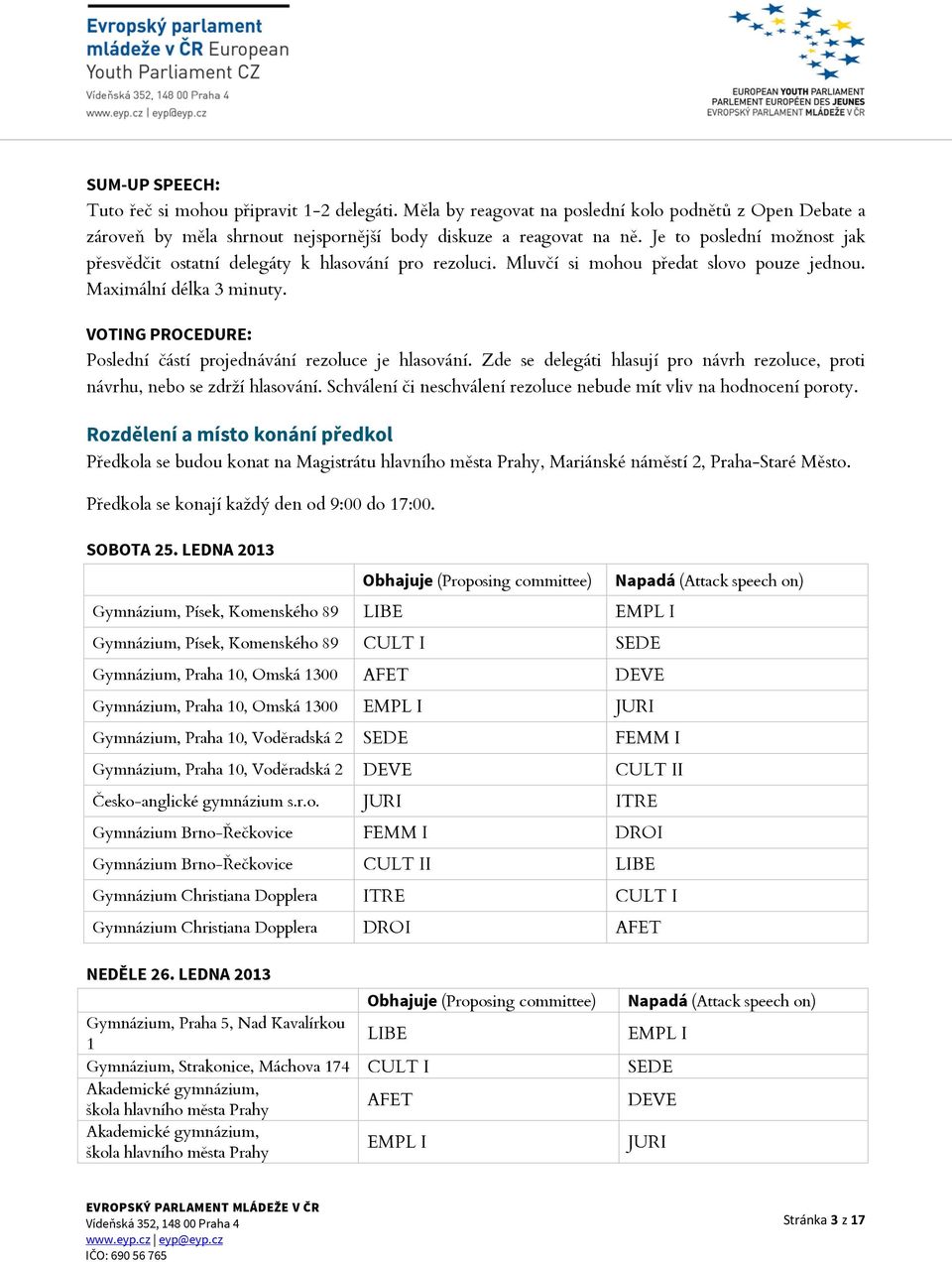 VOTING PROCEDURE: Poslední částí projednávání rezoluce je hlasování. Zde se delegáti hlasují pro návrh rezoluce, proti návrhu, nebo se zdrží hlasování.